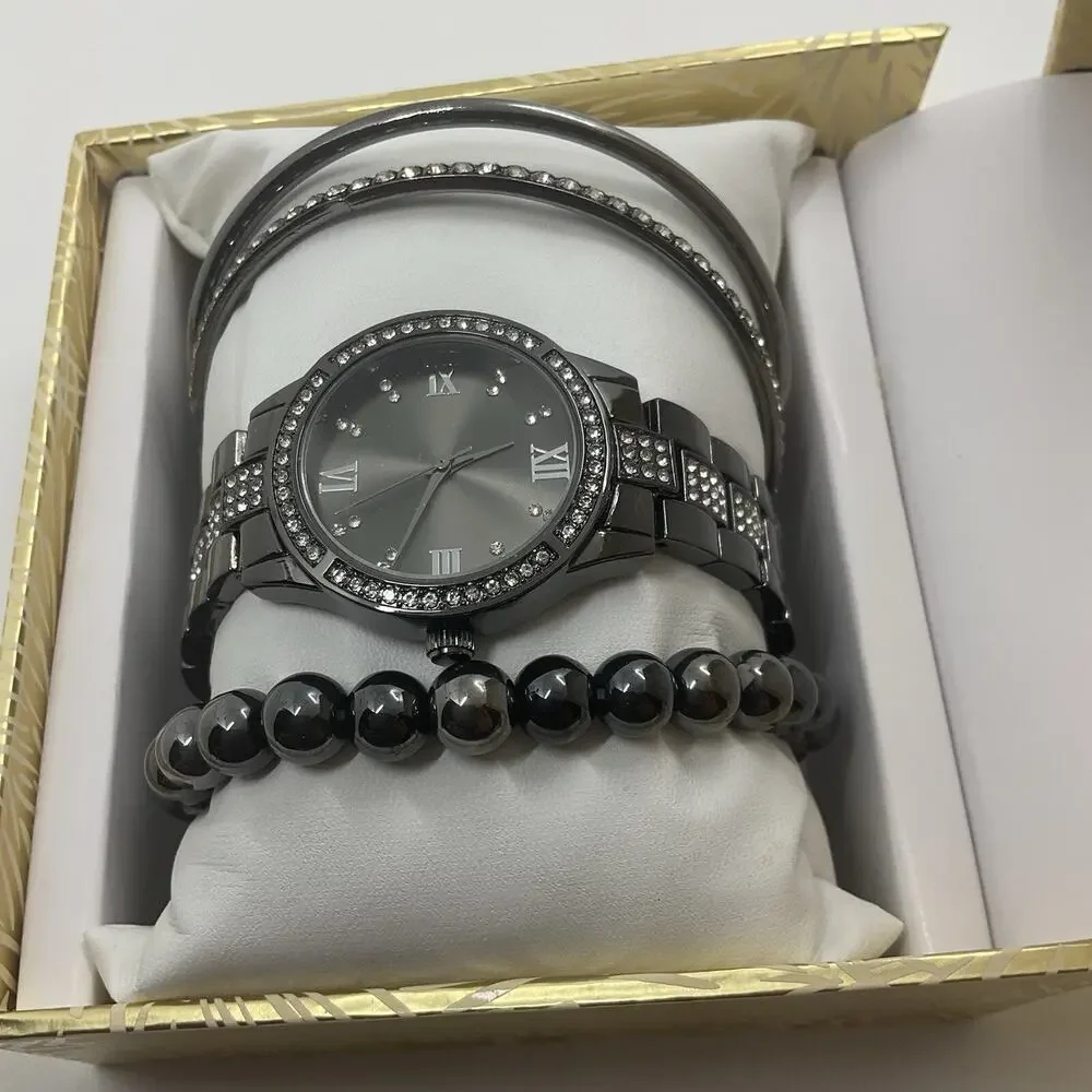 Folio Women’s Silver Tone Quartz Wrist Watch & 3 Bracelet Boxed Gift Set NEW